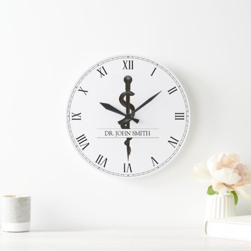 Professional Medical Asclepius Black White Simple Large Clock