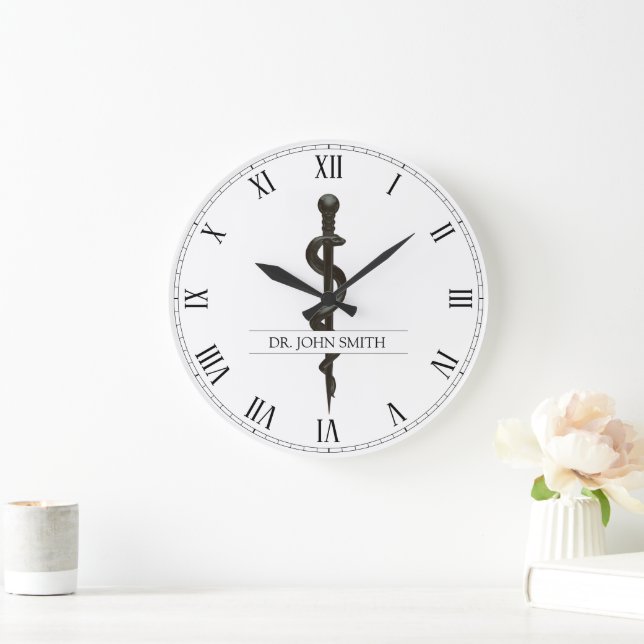Professional Medical Asclepius Black White Simple Large Clock (Home)