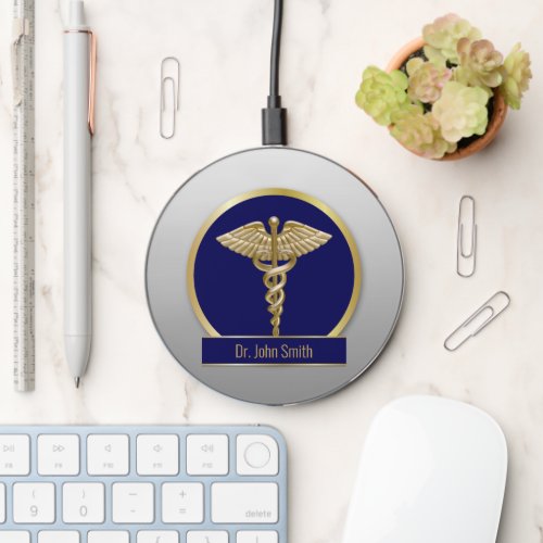 Professional Medical Caduceus Blue Gold Wireless Charger