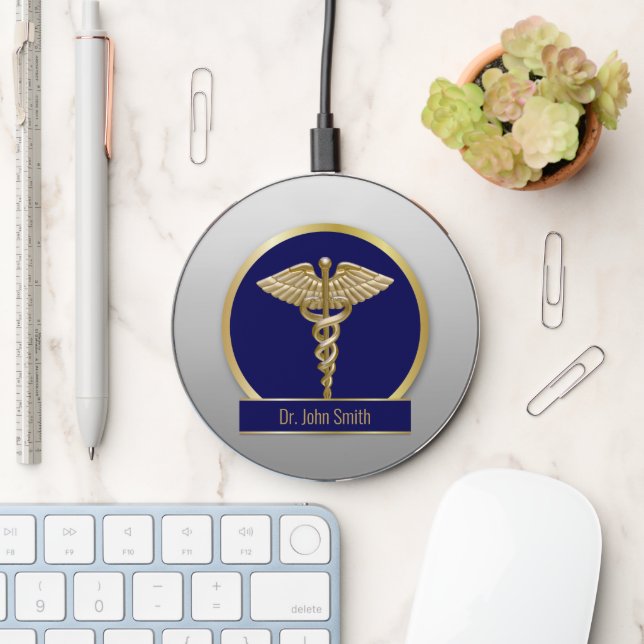 Professional Medical Caduceus Blue Gold Wireless Charger (Desk)