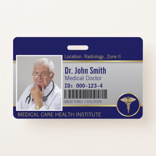 Professional Medical Caduceus Gold Blue Photo ID Badge