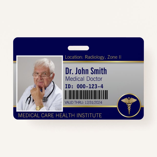 Professional Medical Caduceus Gold Blue Photo ID Badge (Front)