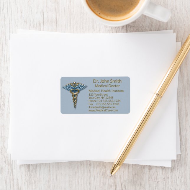 Professional Medical Fine Light Blue Gold Caduceus Label (Insitu)