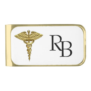Professional Medical Gold Caduceus Monogram Gold Finish Money Clip