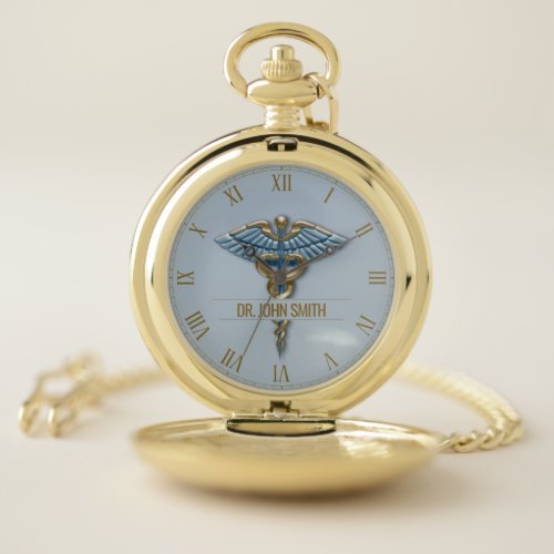 Professional Medical Gold Light Blue Caduceus Name Pocket Watch