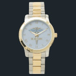 Professional Medical Light Blue Gold Caduceus Name Watch<br><div class="desc">Professional medical watch featuring elegant clean gold and light blue caduceus. Perfect for any business company related to healthcare industry: medical practice, medical office, doctor office, pharmaceutical industry, drugstore, clinic and hospital. For hospital staff, clinic employees, physicians, registered nurses; classy, noble, elegant and precious.</div>