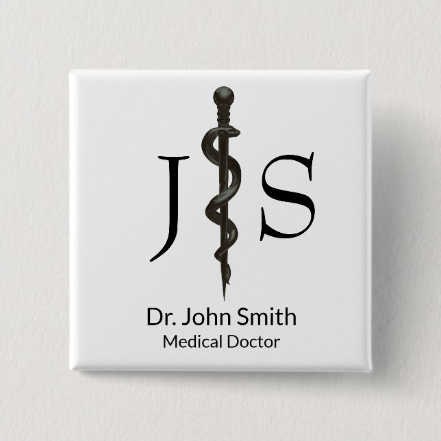 Professional Medical Simple Asclepius Black White Button (Front)