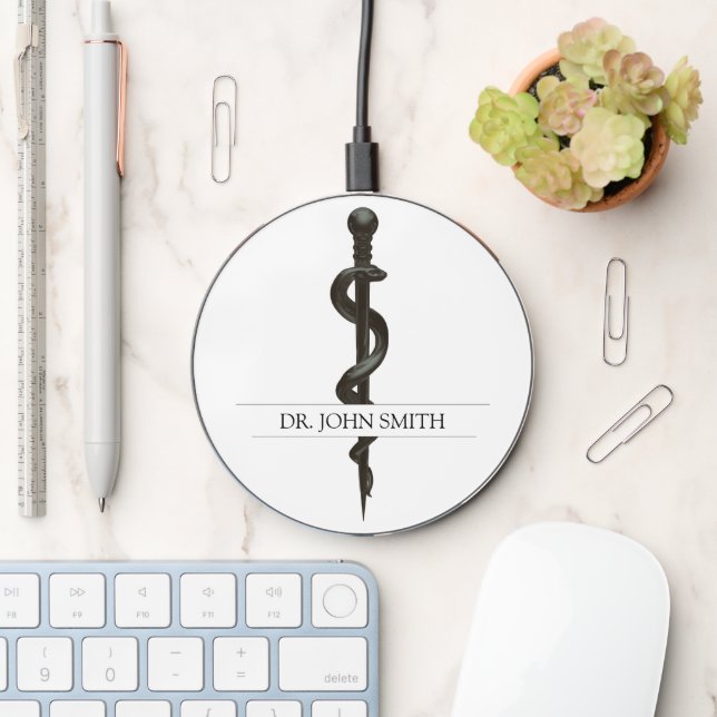 Professional Medical Simple Asclepius Black White Wireless Charger (Desk)