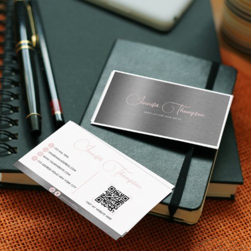 Professional Metallic Brushed Pink Script QR Code Business Card