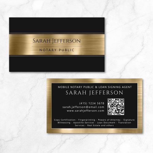 Professional Metallic Gold Black QR Notary Public Business Card