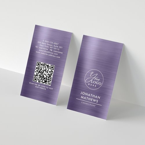Professional Metallic Midnight Purple Logo QR Code Business Card