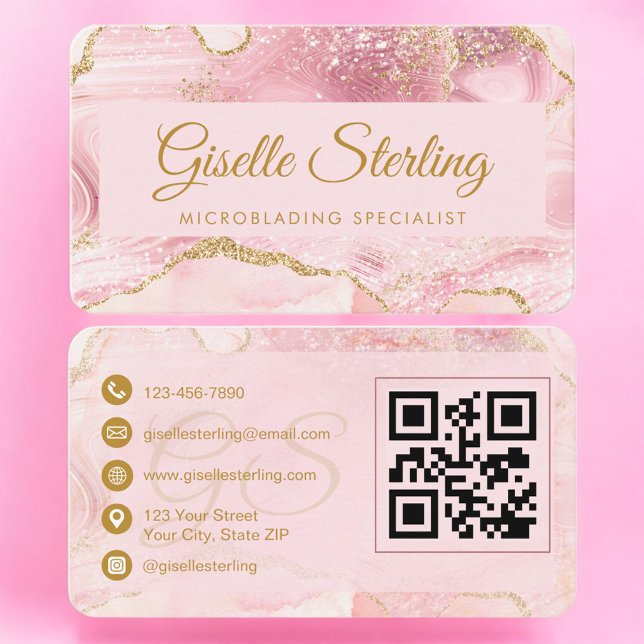 Professional Microblading Artist Gold Agate QR Cod Business Card (Creator Uploaded)