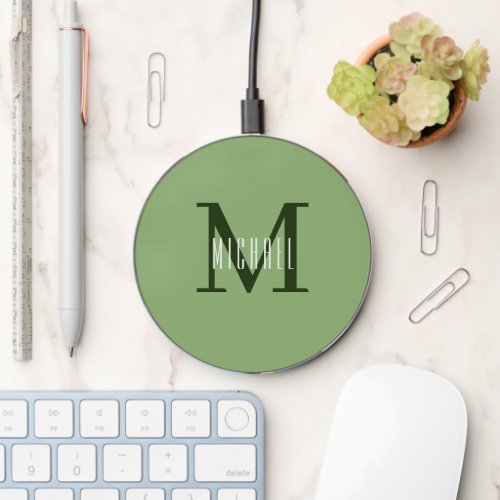 Professional Minimal Green Monogram Name  Initial Wireless Charger