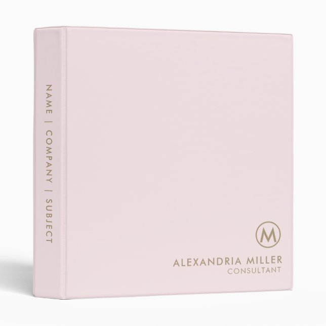 Professional Minimal Monogram Blush Pink 3 Ring Binder (Front/Spine)