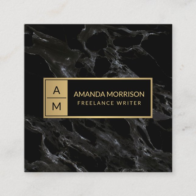 Professional Minimal Monogram Gold/Black Marble Square Business Card (Front)