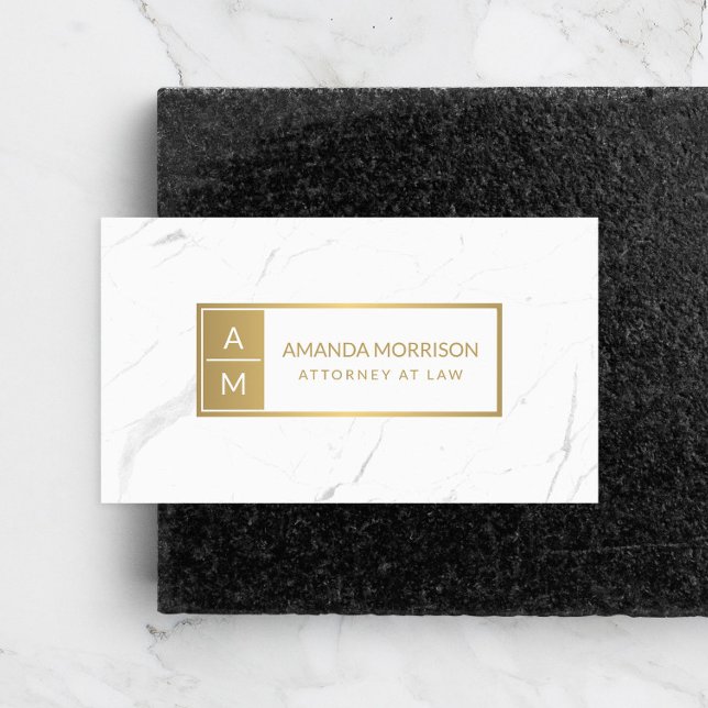 Professional Minimal Monogram Gold/White Marble Business Card (Creator Uploaded)