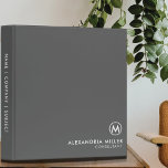 Professional Minimal Monogram Gray<br><div class="desc">Minimal Monogram Medallion Elegant Typography Initial Name Title White Custom Text Gray Professional Home Office Work School 3 ring binder</div>