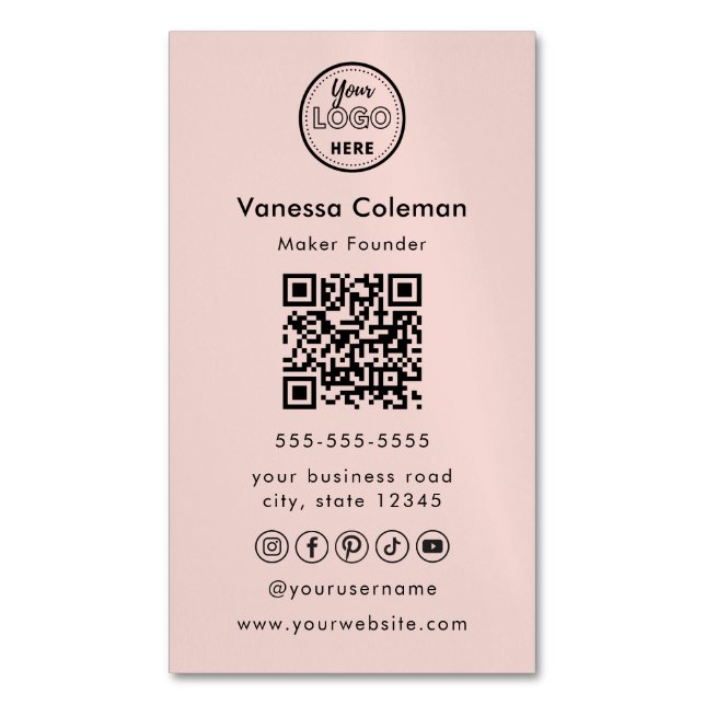 Professional Minimal Qr Code Pink Business Card (Front Vertical)
