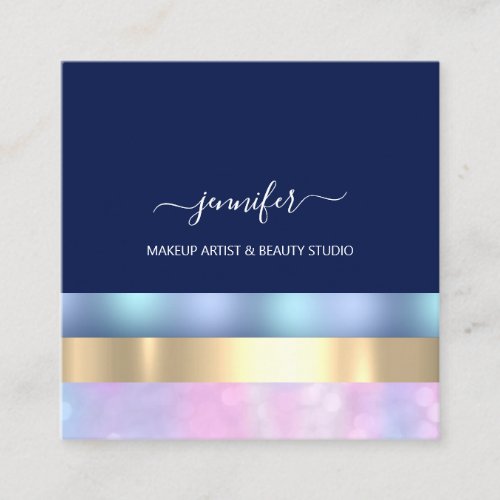 Professional Minimalism Striped Navy Holographic Square Business Card