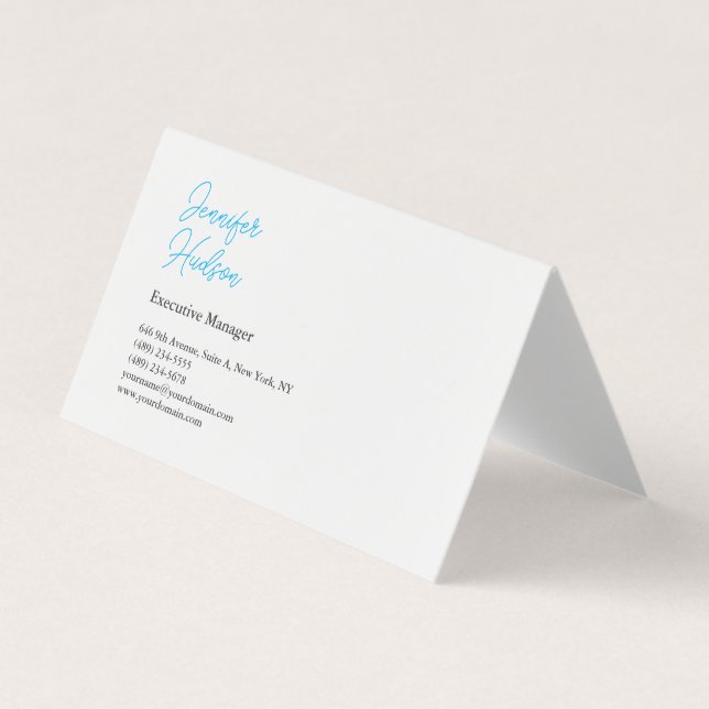 Professional minimalist azure blue calligraphy business card (Front)