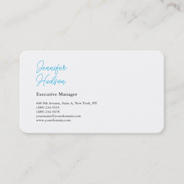 Professional minimalist azure blue calligraphy business card (Front)