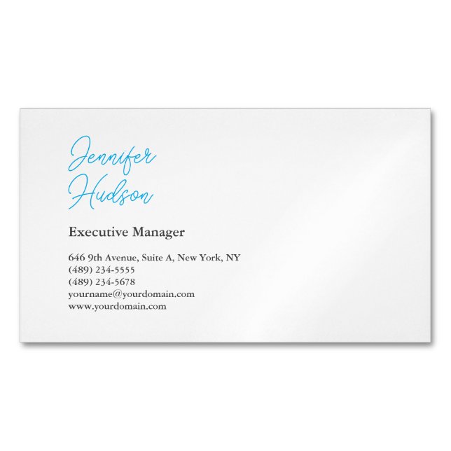 Professional minimalist azure blue calligraphy business card magnet (Front)