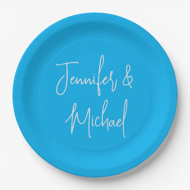 Professional minimalist azure blue calligraphy paper plates (Front)