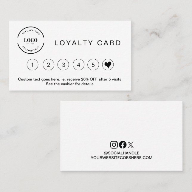 Professional Minimalist Black white Custom Logo  Loyalty Card (Front/Back)