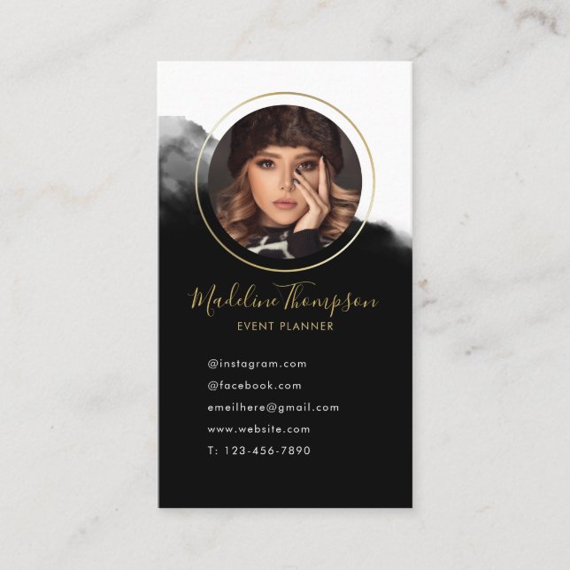 Professional Minimalist Black White Gold Photo  Business Card (Front)