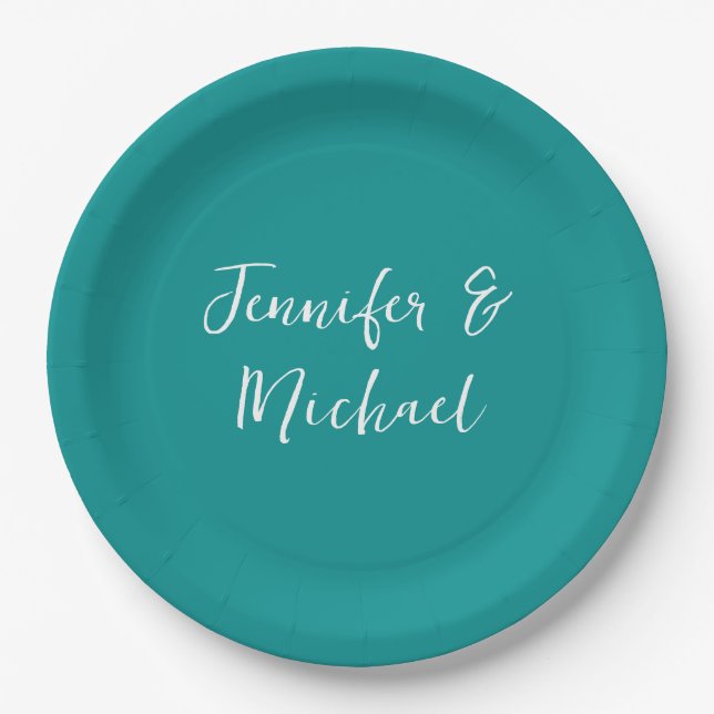 Professional minimalist calligraphy green blue paper plates (Front)