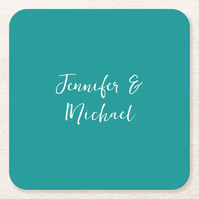 Professional minimalist calligraphy green blue square paper coaster (Front)