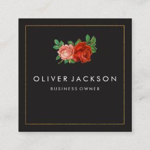 Professional Minimalist Gold Border Elegant Roses Square Business Card