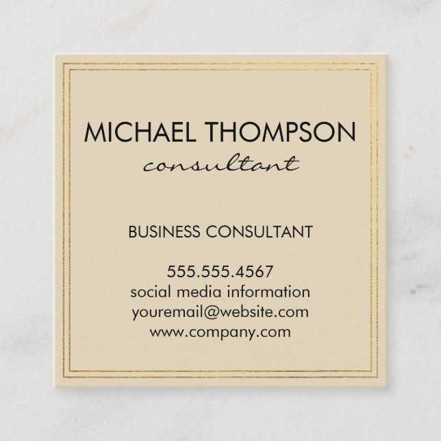 Professional Minimalist Gold Border Monogram Square Business Card (Front)