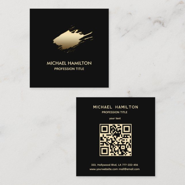 Professional minimalist gold brush stroke QR code Square Business Card (Front/Back)