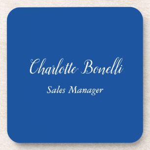 Professional Minimalist Handwriting Name Blue Beverage Coaster
