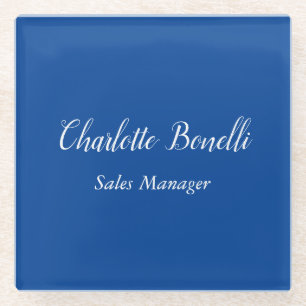 Professional Minimalist Handwriting Name Blue Glass Coaster