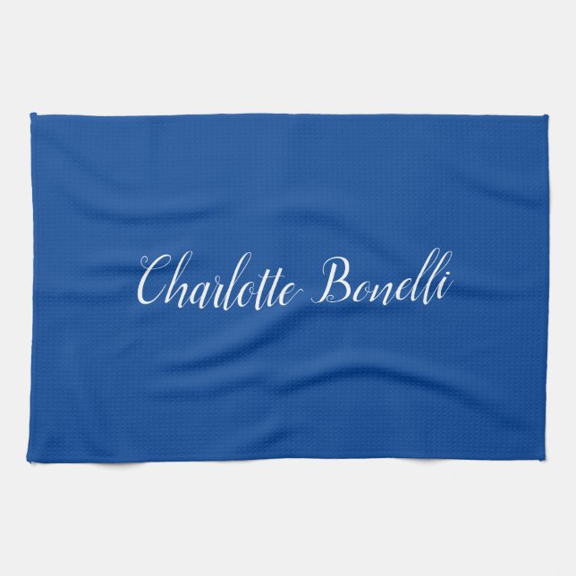Professional Minimalist Handwriting Name Blue Kitchen Towel (Horizontal)