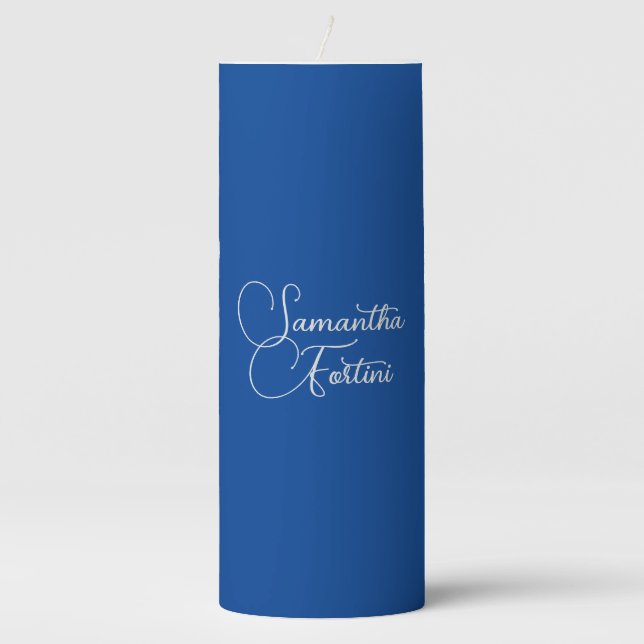 Professional minimalist handwriting name blue pillar candle (Front)