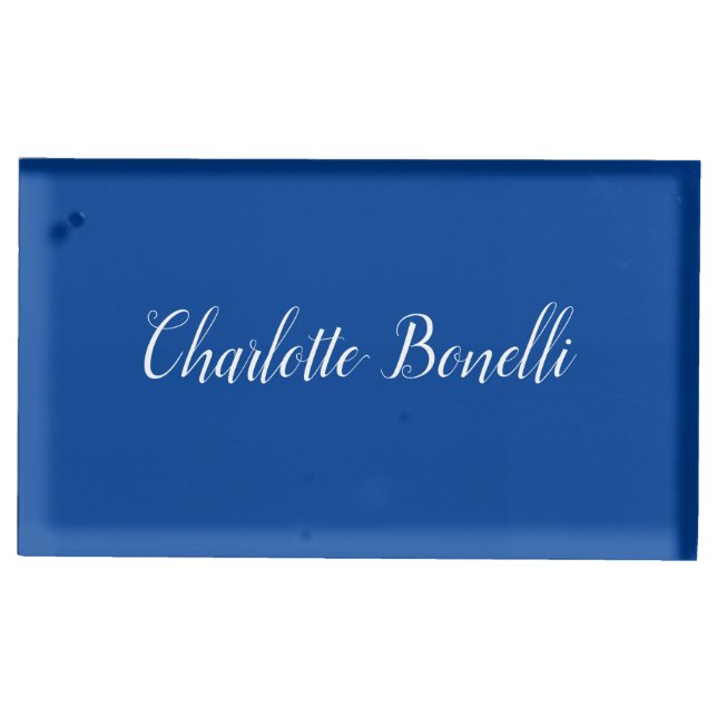 Professional Minimalist Handwriting Name Blue Place Card Holder (Front)