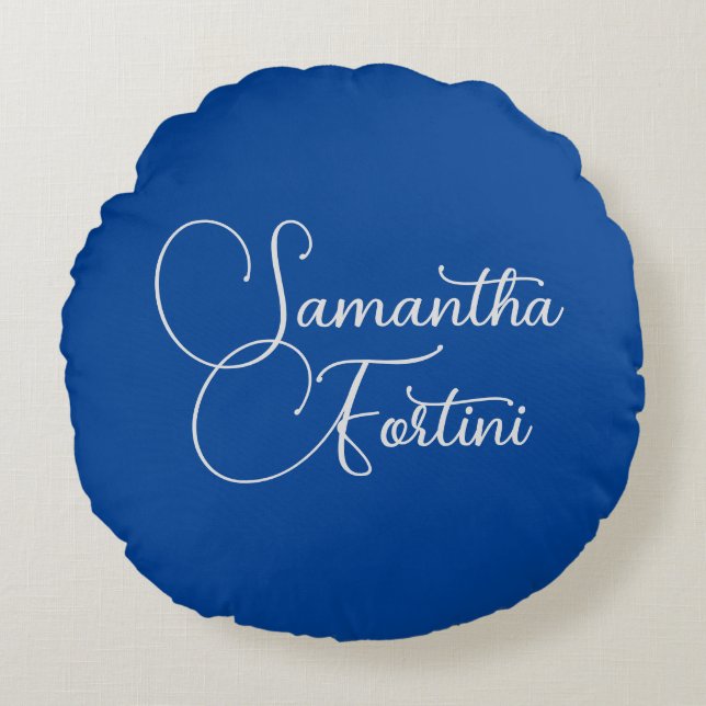 Professional minimalist handwriting name blue round pillow (Front)