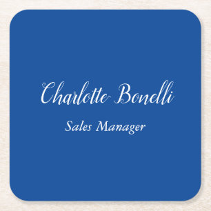 Professional Minimalist Handwriting Name Blue Square Paper Coaster