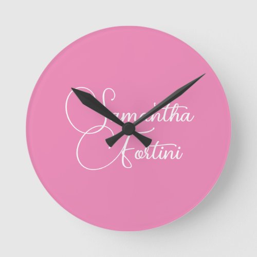 Professional minimalist handwriting name pink round clock