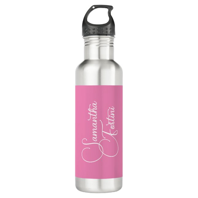 Professional minimalist handwriting name pink stainless steel water bottle (Front)