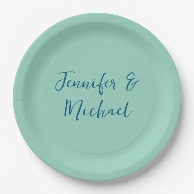 Professional minimalist light teal calligraphy paper plates (Front)
