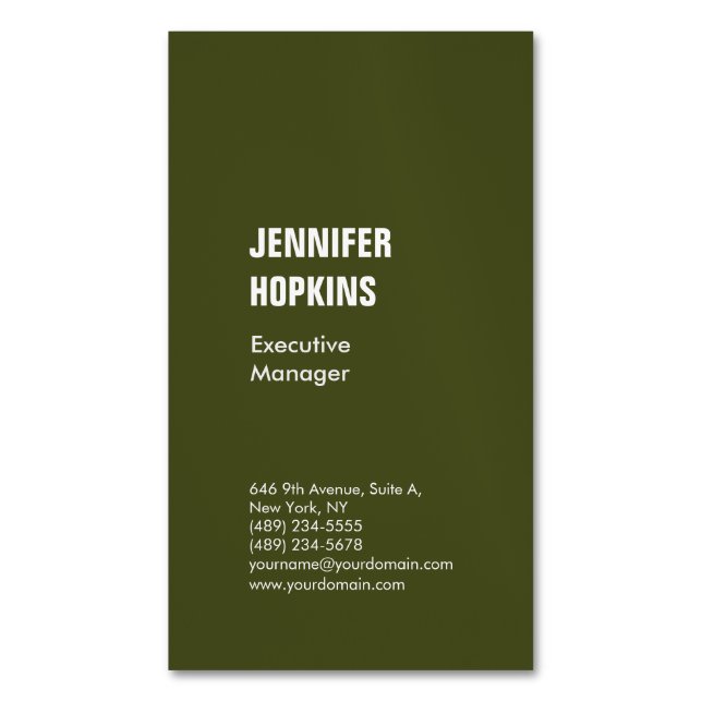 Professional minimalist modern army green business card magnet (Front Vertical)