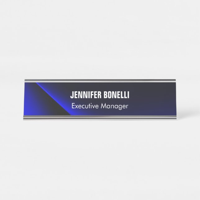 Professional minimalist modern blue add your name desk name plate (Front)