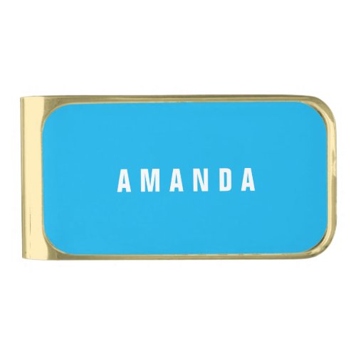 Professional minimalist modern blue add your name gold finish money clip