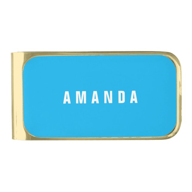 Professional minimalist modern blue add your name gold finish money clip (Front)