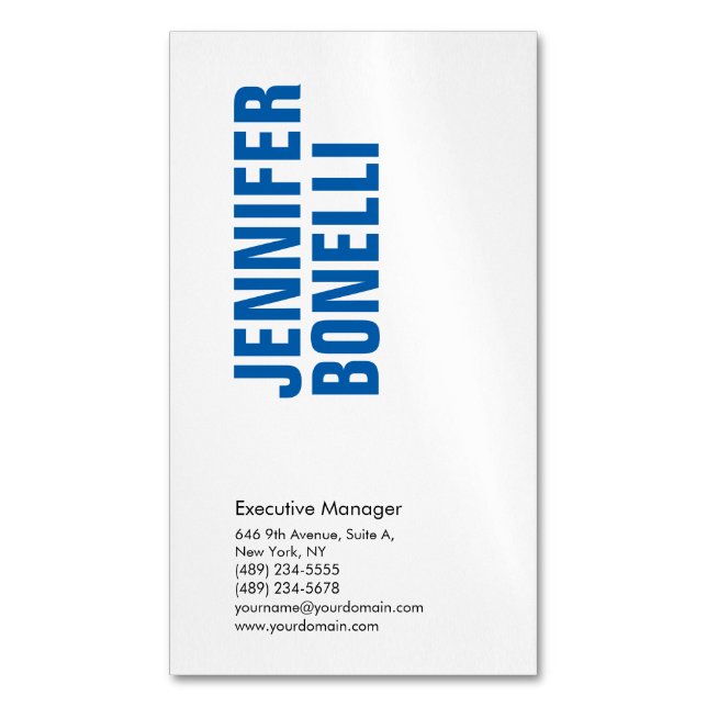 Professional minimalist modern bold blue white business card magnet (Front Vertical)