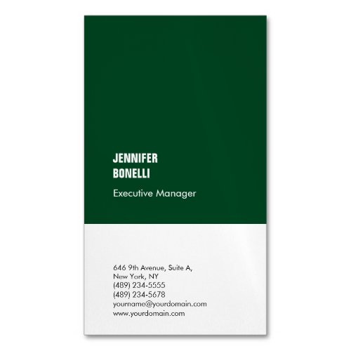 Professional minimalist modern forest green white business card magnet